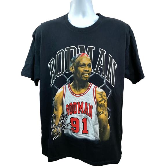 Dennis Rodman t shirt mens Large black Big Print Chicago Bulls NBA - Picture 2 of 8